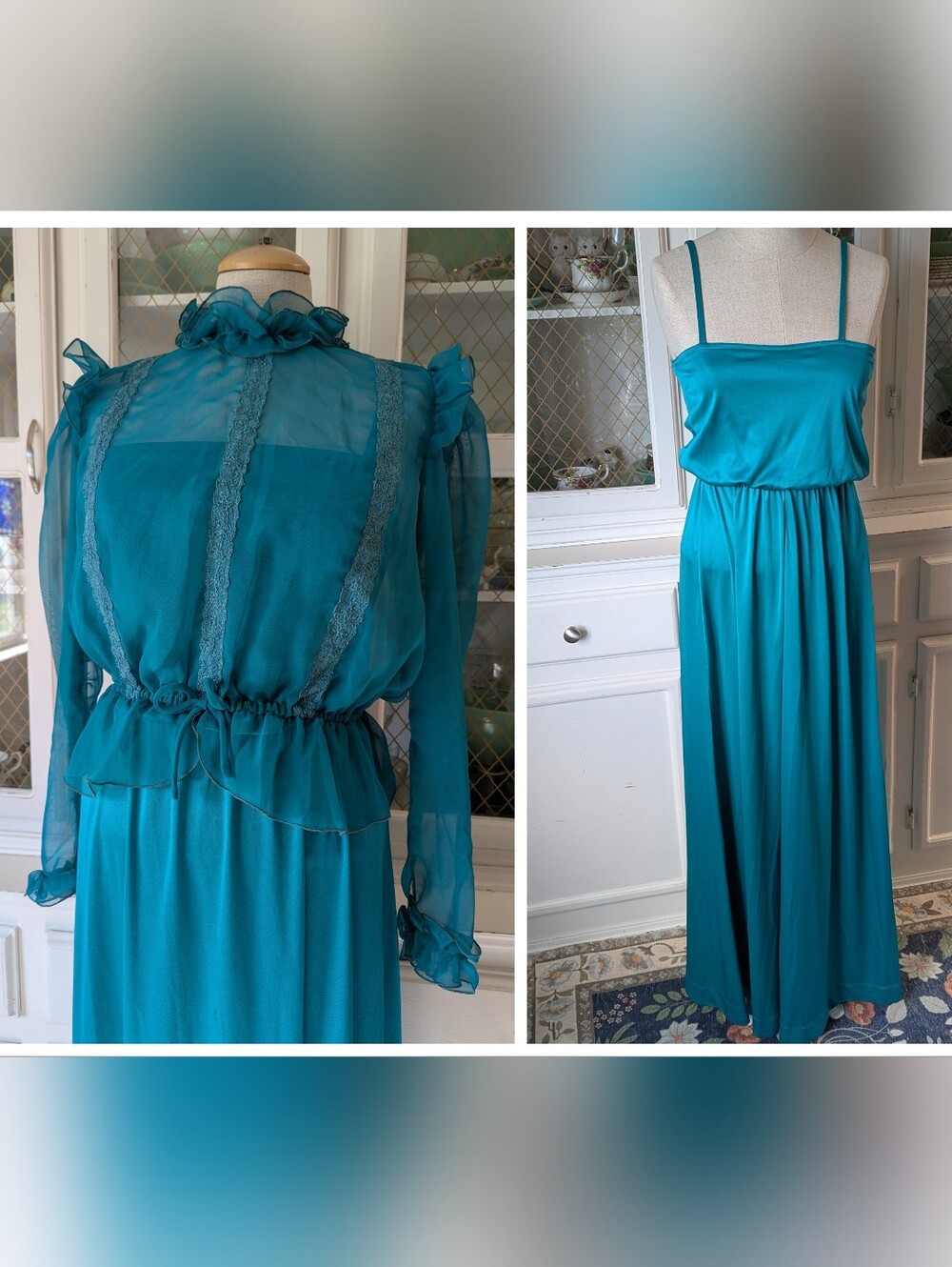 🫧VTG 70s Sheer Teal Ruffled Waist Dress 2 Pc Coverup